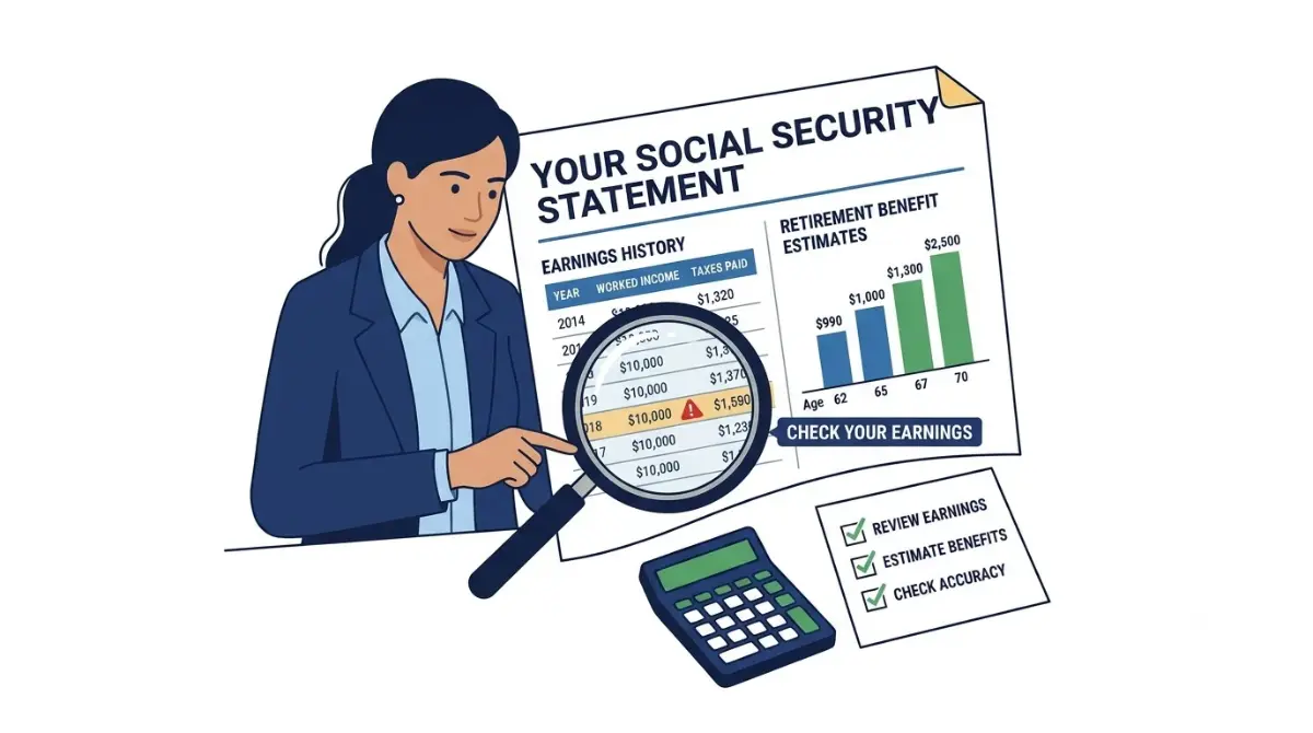 Social Security statement review with an earnings chart, magnifying glass, and calculator.