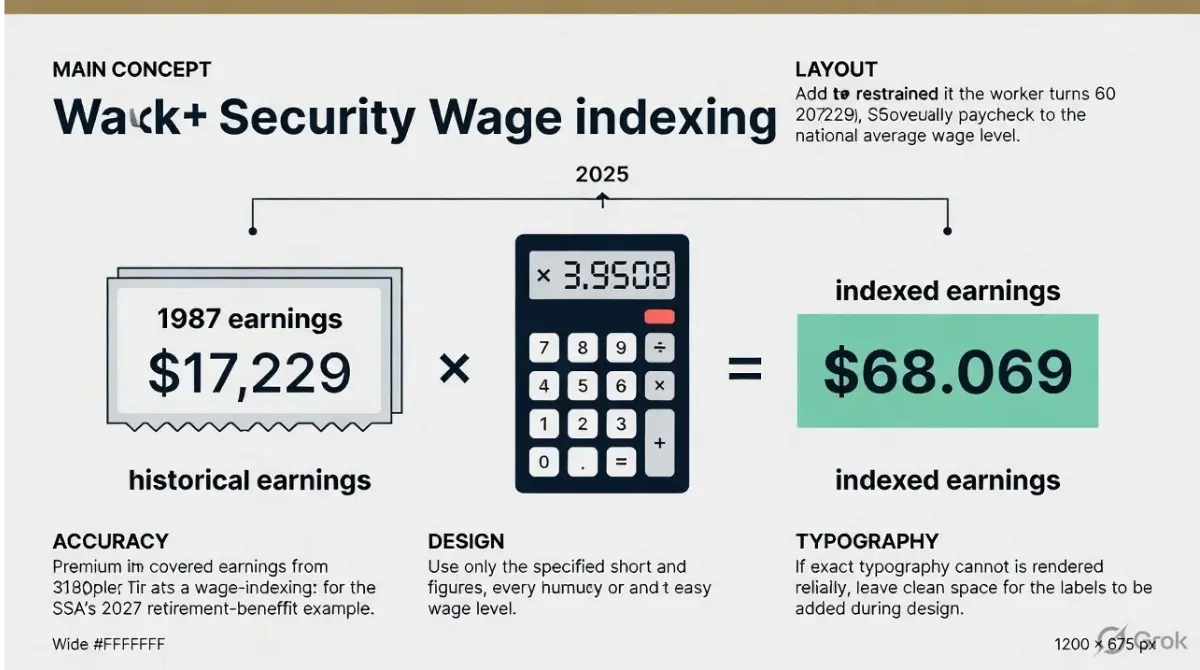 Social Security wage indexing illustration showing how $17,229 earned in 1987 becomes $68,069 in indexed earnings.