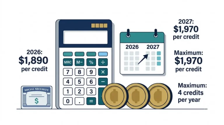 Social Security work credits illustration showing 2026 and 2027 earnings amounts, four annual credit tokens, and a financial calculator.