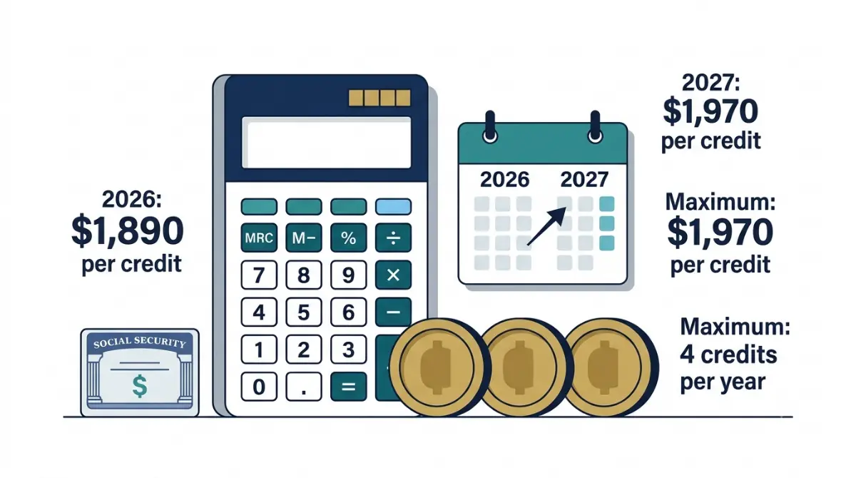 Social Security work credits illustration showing 2026 and 2027 earnings amounts, four annual credit tokens, and a financial calculator.