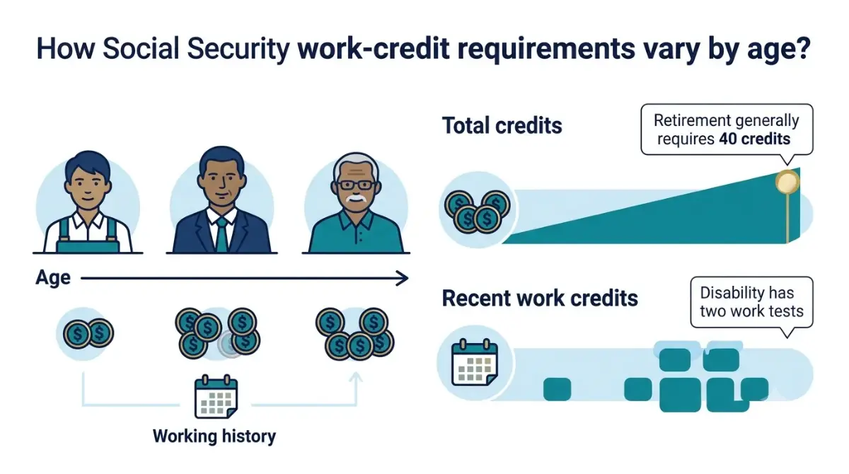 Social Security work credits by age illustration showing workers at different life stages, credit tokens, and a calendar representing eligibility requirements.