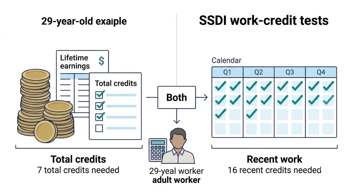 Social Security work disability illustration comparing total work credits with recent work credits using two checklists and a quarterly calendar.