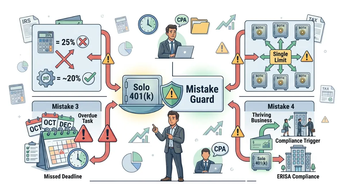 solo 401(k) common mistakes including contribution calculation errors missed deadlines employee rules and filing requirements