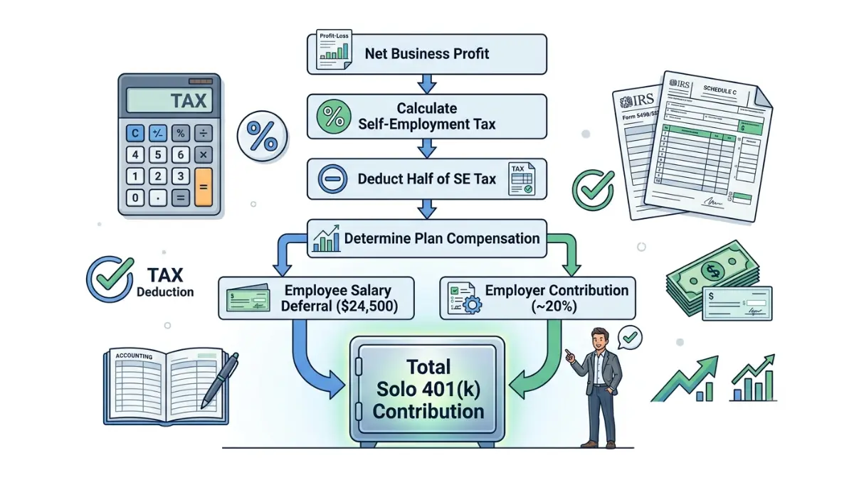 solo 401(k) contribution calculation flowchart showing net profit self-employment tax employer contribution and employee salary deferral