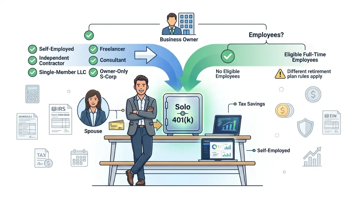 solo 401(k) eligibility decision tree for freelancers independent contractors single-member LLCs and owner-only businesses