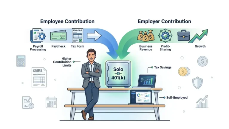 solo 401(k) contribution overview showing employee and employer contributions combining into one retirement savings plan for self-employed business owners