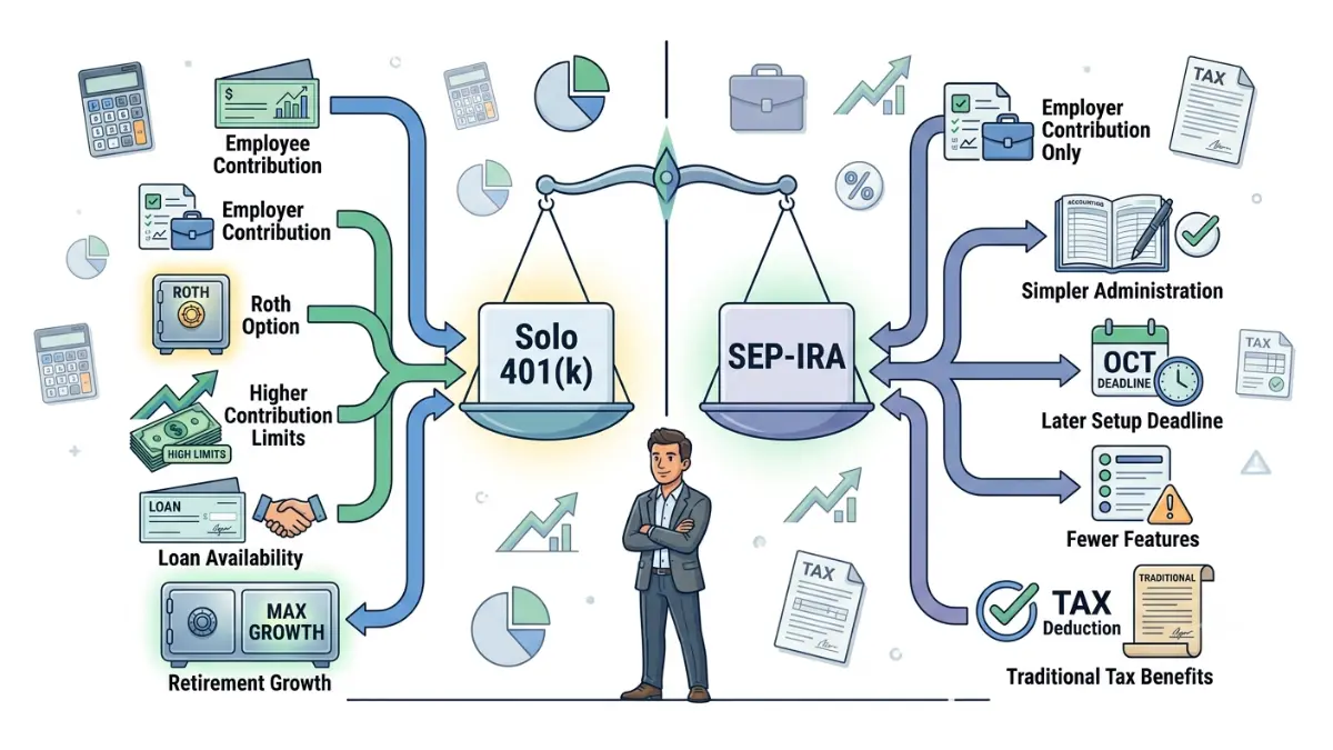 solo 401(k) vs SEP-IRA comparison illustrating contribution limits Roth options employer contributions and retirement plan features