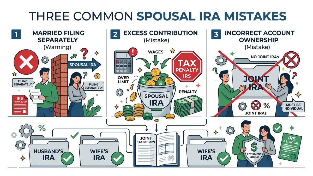 spousal IRA illustration highlighting common mistakes such as filing separately, excess contributions, and incorrect account ownership