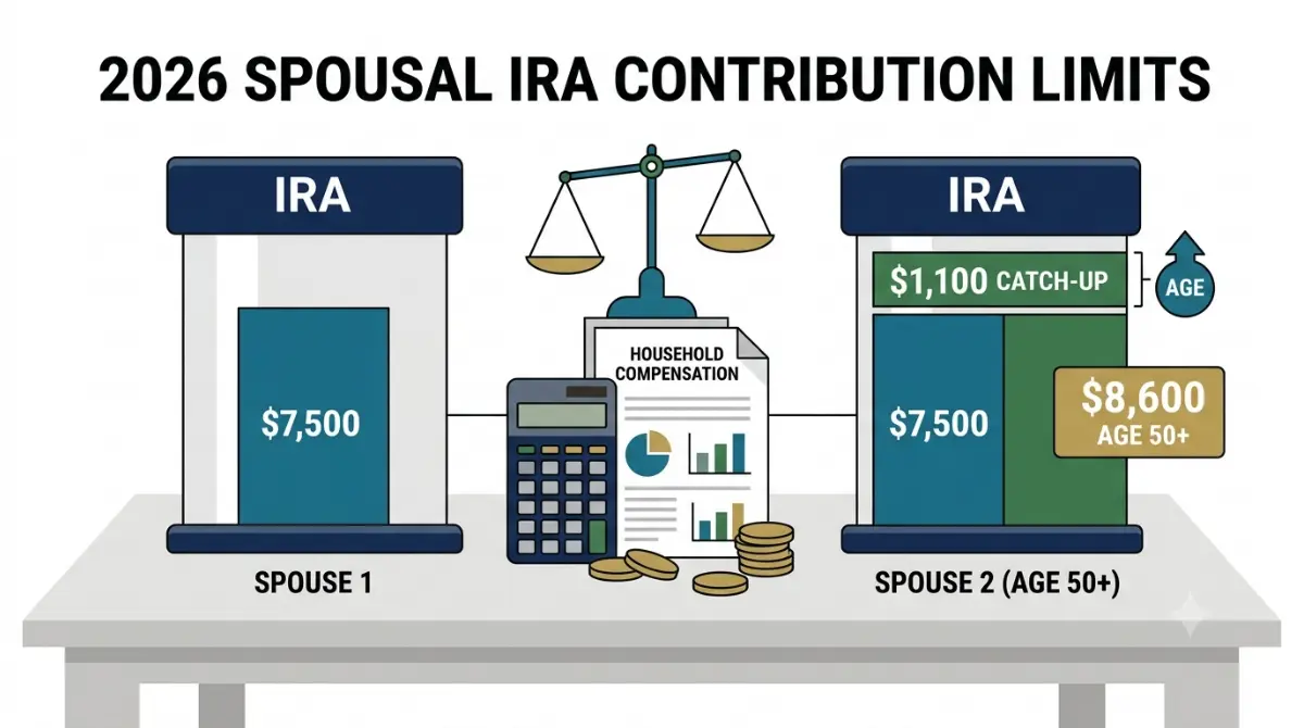 Spousal IRA contribution limits illustration showing the 2026 $7,500 standard limit, $1,100 age-50 catch-up contribution, and $8,600 total limit for eligible older savers. Copy alt text
