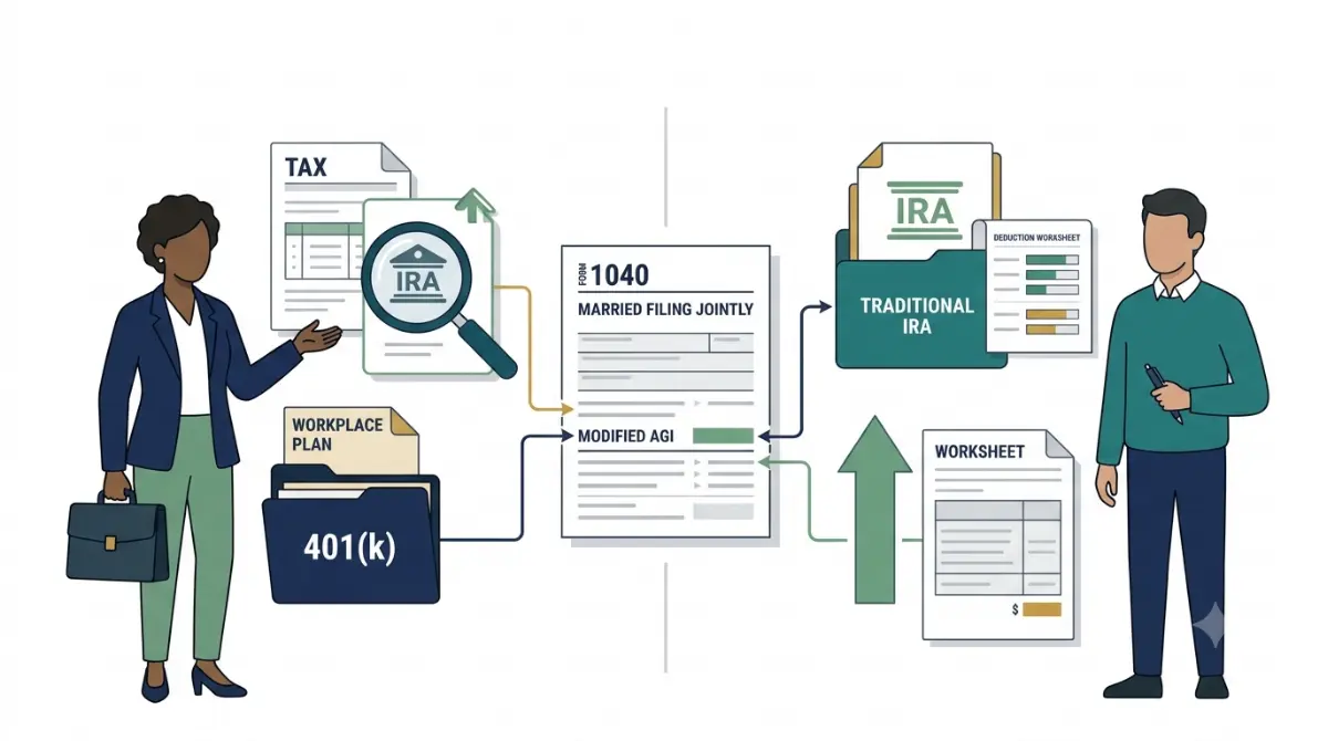 Spousal IRA deduction illustration comparing a working spouse with a 401(k) and a non-covered spouse's traditional IRA deduction rules. Copy alt text
