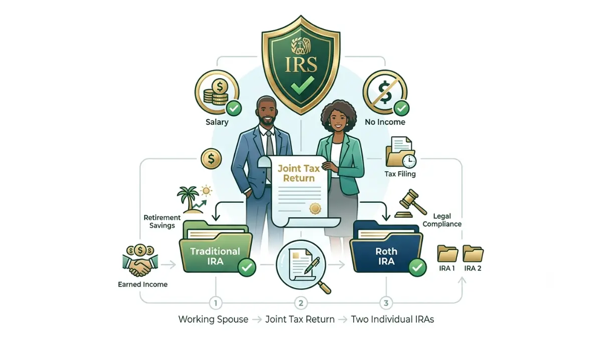 spousal IRA eligibility illustration explaining the IRS rule that allows a non-working spouse to contribute through a joint tax return