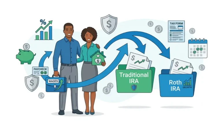 spousal IRA illustration showing how one working spouse can fund retirement accounts for both spouses through separate Traditional or Roth IRAs