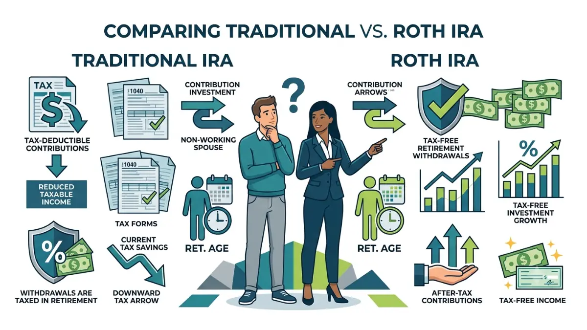 spousal IRA comparison between Traditional IRA and Roth IRA for a non-working spouse using a side-by-side financial illustration