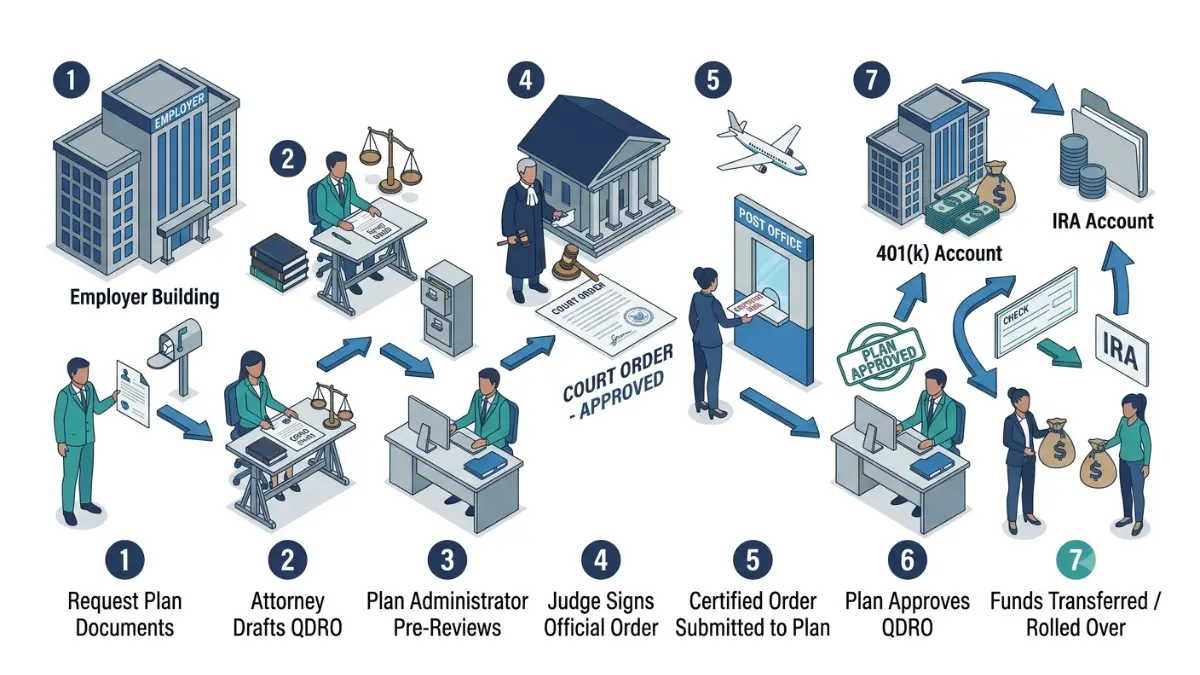 QDRO step-by-step illustration showing the complete legal process from retirement plan documents to retirement account division