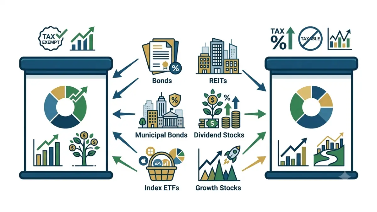 IRA Investments compared with taxable account investments to demonstrate tax-efficient asset location using bonds, REITs, index funds, and growth assets on a pure white background