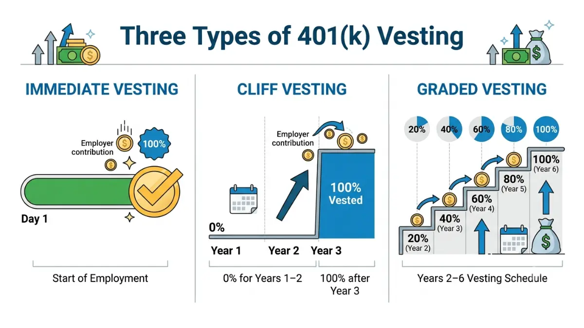 401(k) Vesting comparison showing immediate, cliff, and graded vesting schedules with timeline infographic