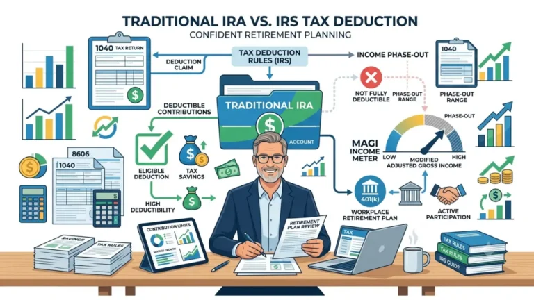 Traditional IRA Deduction explained with workplace retirement plan coverage, MAGI income limits, and IRS tax deduction rules illustrated in a financial vector.