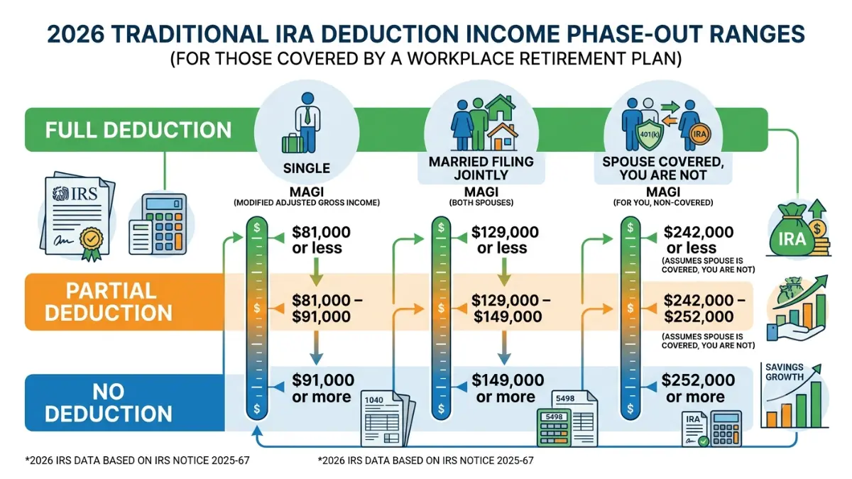 Traditional IRA Deduction 2026 income limits showing full deduction, partial deduction, and phase-out ranges by filing status.