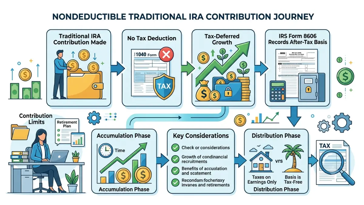 Traditional IRA Deduction alternatives showing nondeductible contribution, tax-deferred growth, and IRS Form 8606 reporting.