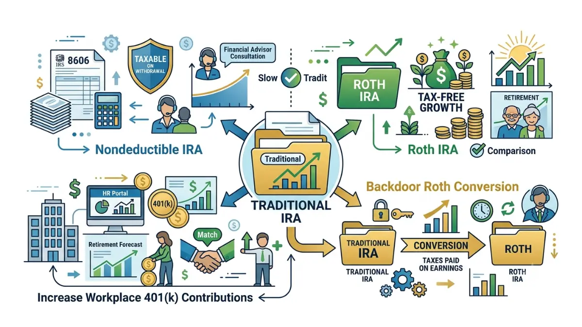 Traditional IRA Deduction options after losing eligibility including Roth IRA, Backdoor Roth, nondeductible IRA, and workplace retirement plan contributions.