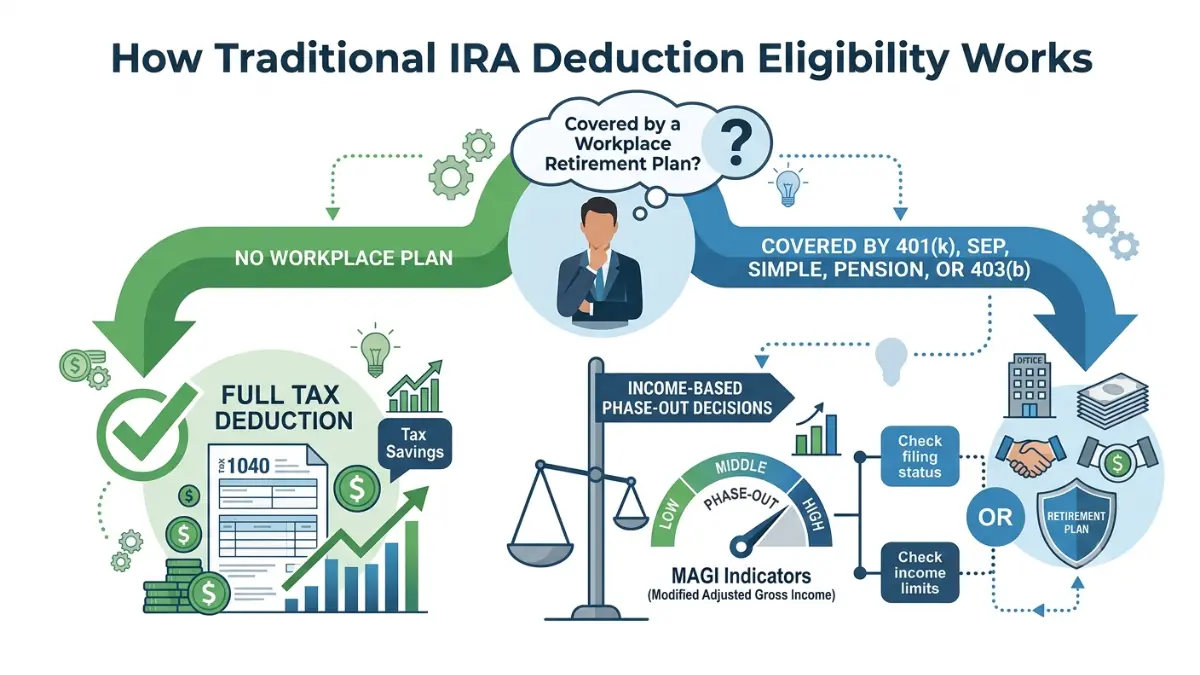 Traditional IRA Deduction decision tree showing how workplace retirement plan coverage determines deduction eligibility.