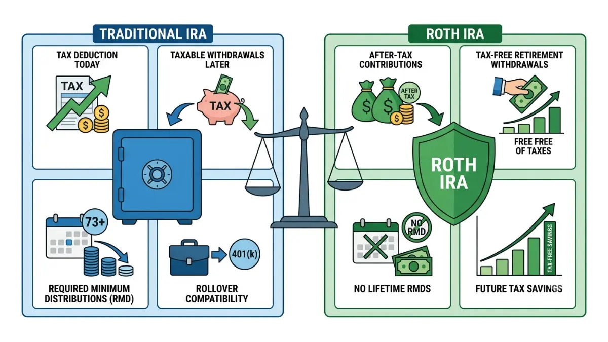 IRA Accounts comparison between Traditional IRA and Roth IRA showing taxes, withdrawals, contribution rules, and retirement benefits.