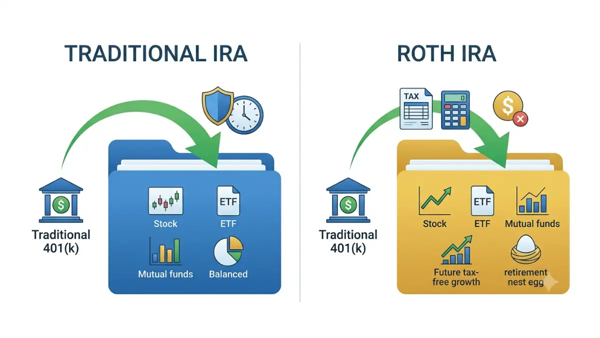 rollover 401k to ira illustration comparing a Traditional IRA and a Roth IRA to explain the tax differences when rolling over retirement savings