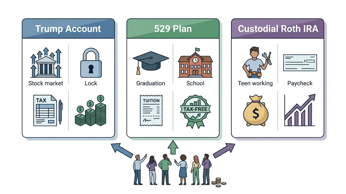 Trump Account vs 529 side-by-side comparison with Custodial Roth IRA highlighting taxes, education benefits, and retirement savings differences