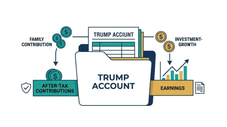 Trump account illustration showing after-tax family contributions separated from taxable investment growth. Copy alt text