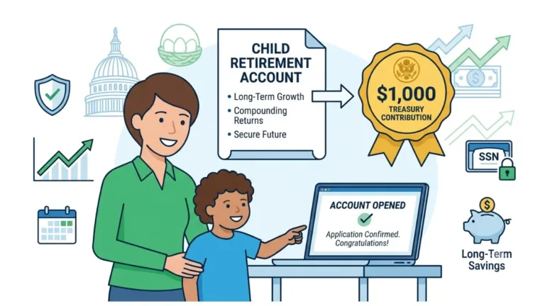 Trump account illustration showing a parent opening a child retirement account with a $1,000 U.S. Treasury contribution and long-term investment growth.