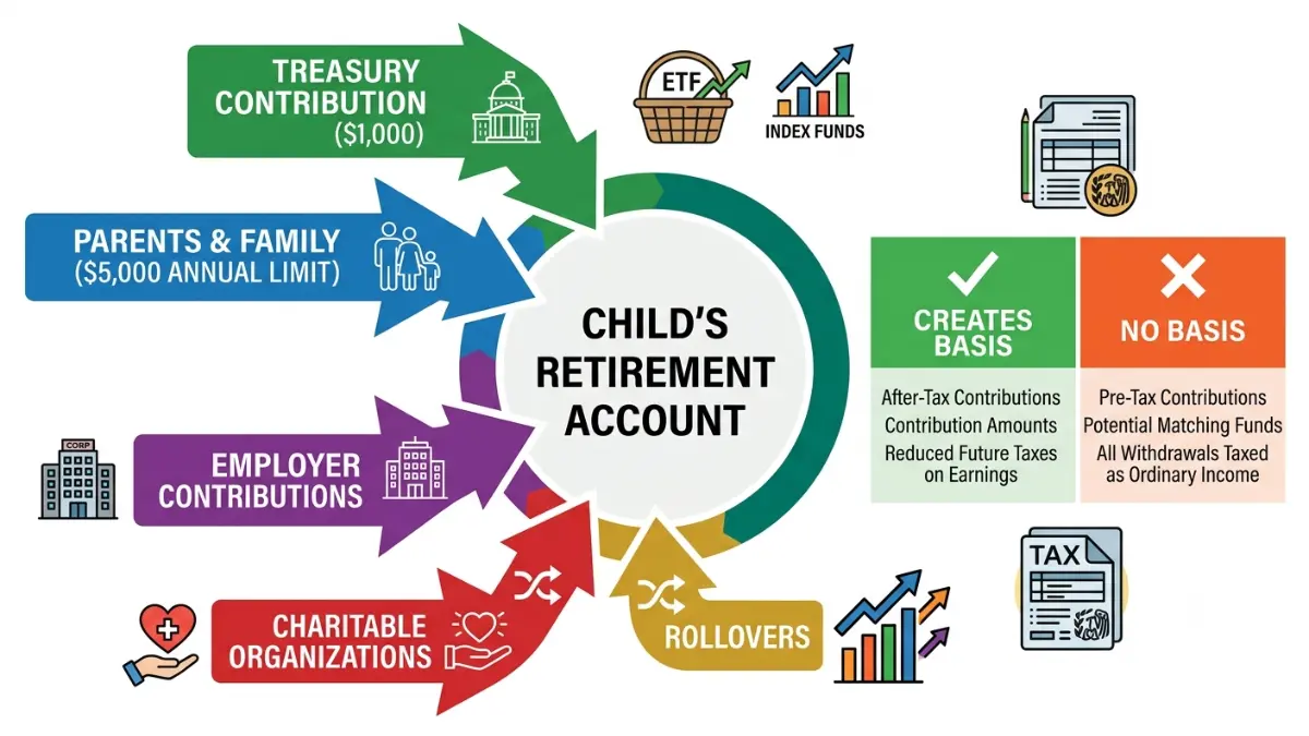 Trump account contribution limits infographic showing Treasury deposits, family contributions, employer funding, charitable deposits, rollover rules, and tax treatment.