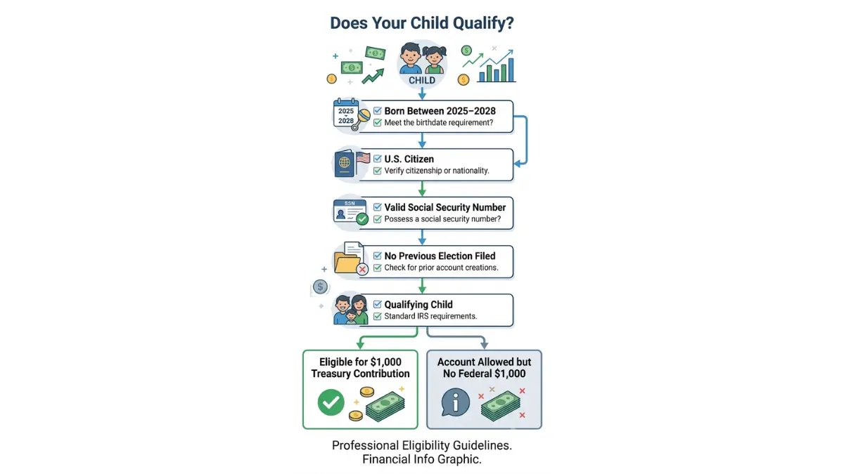 Trump account eligibility flowchart showing the requirements for receiving the $1,000 Treasury contribution, including birth year, citizenship, Social Security number, and qualifying child status.