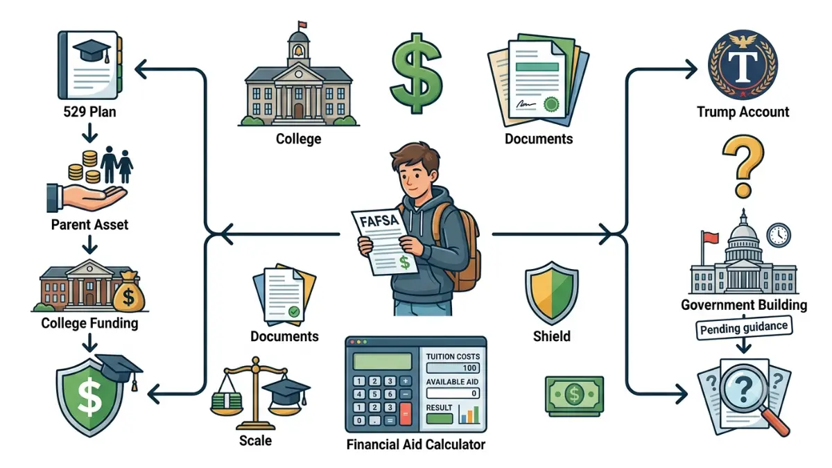 Trump Account vs 529 FAFSA and financial aid illustration explaining how different child savings accounts may affect college aid eligibility