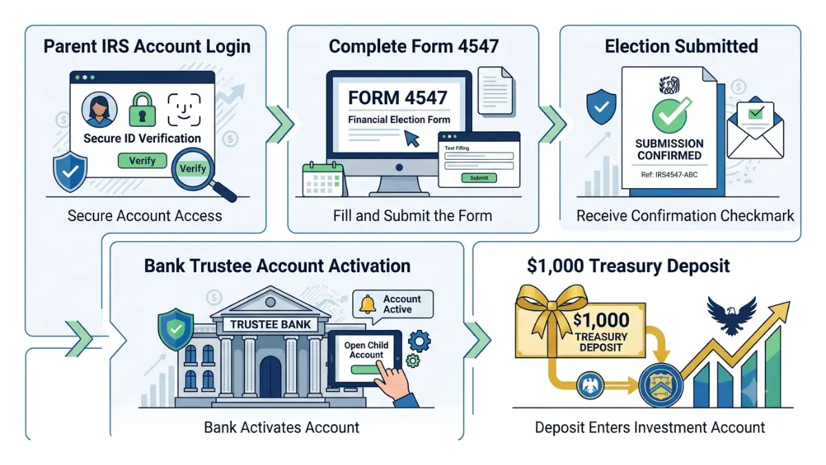 Trump account step-by-step illustration explaining how to open an account using IRS Form 4547, identity verification, account activation, and Treasury funding.