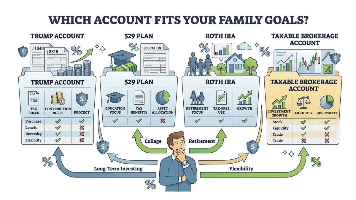 Trump Account Taxes comparison between a Trump Account, 529 Plan, Roth IRA, and taxable brokerage account for long-term savings