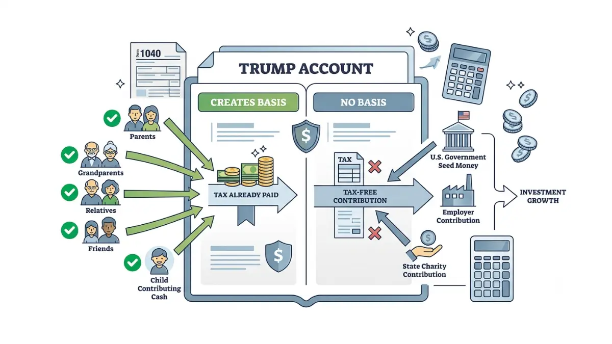 Trump Account Taxes showing which contributions create basis and which do not through a clear financial comparison illustration