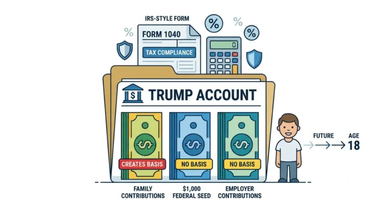 Trump Account Taxes explained with family contributions, federal seed money, employer contributions, and future tax treatment illustrated in a financial account diagram