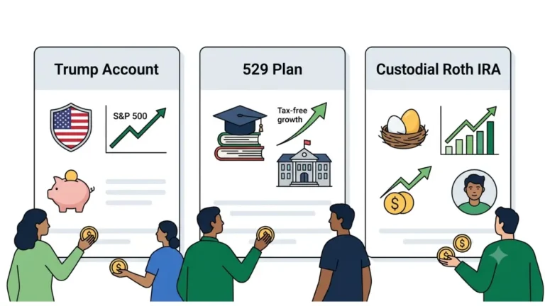 Trump Account vs 529 comparison showing Trump Account, 529 Plan, and Custodial Roth IRA for child savings and long-term financial planning
