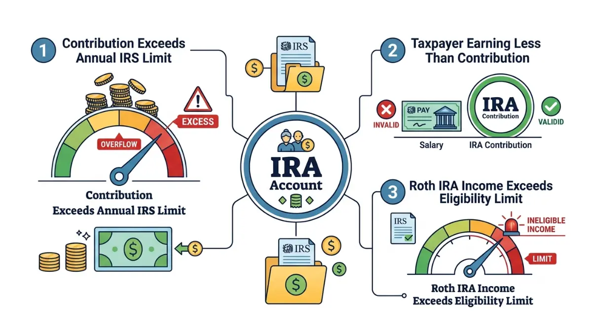 Excess IRA Contribution examples caused by annual limit, earned income, and Roth IRA income eligibility rules
