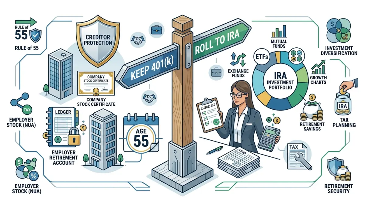 rollover 401k to ira decision guide illustrating situations where keeping a 401(k) may be better because of the Rule of 55 employer stock or creditor protection