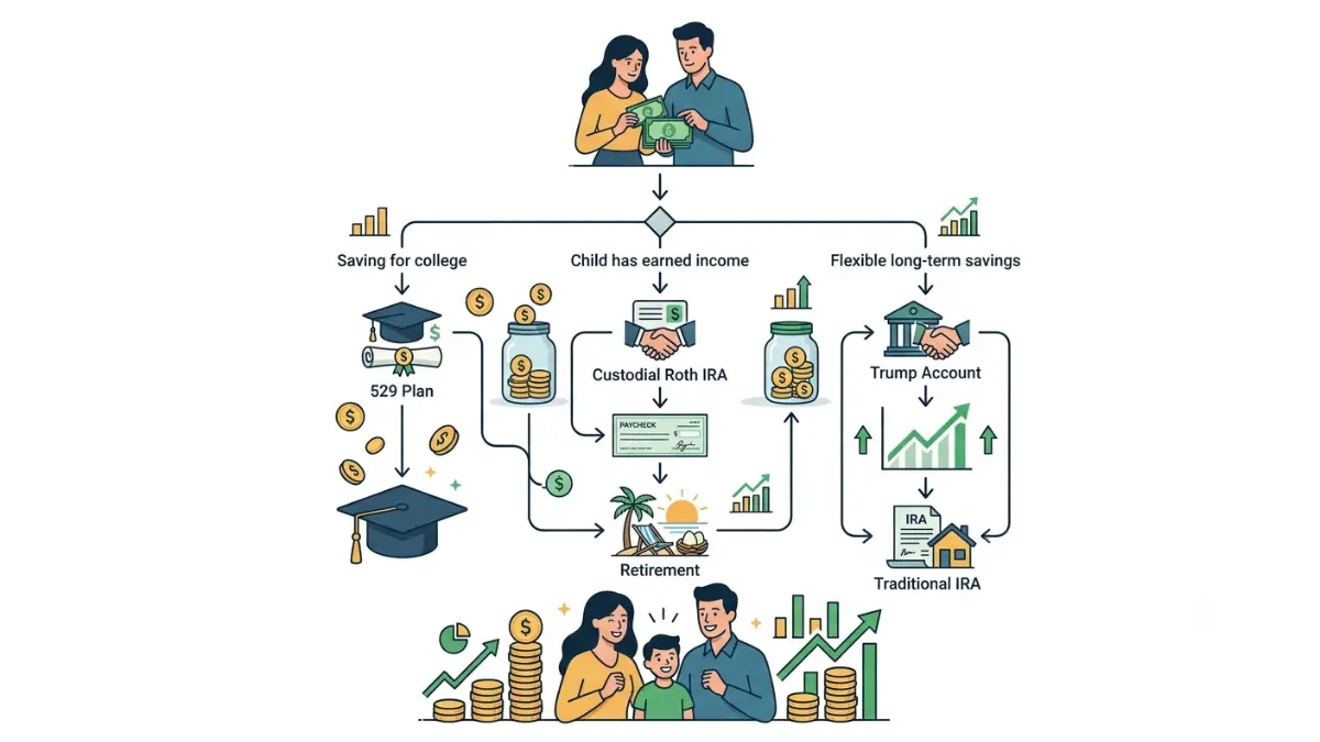 Trump Account vs 529 decision tree helping parents choose between a Trump Account, 529 Plan, and Custodial Roth IRA based on savings goals