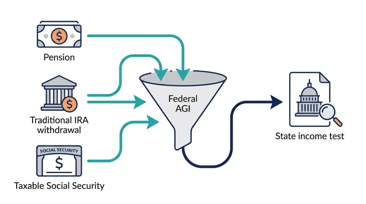 Diagram showing how pensions, IRA withdrawals, and taxable benefits combine into federal AGI used by states to tax Social Security benefits