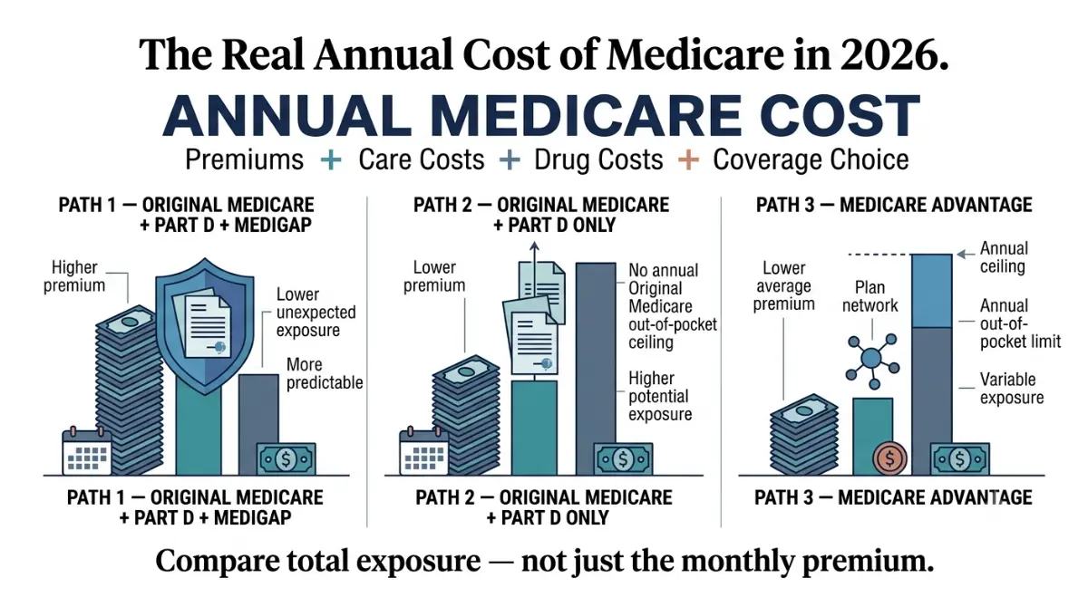 Medicare annual cost comparison showing premiums and potential financial exposure for Medigap, Original Medicare, and Medicare Advantage