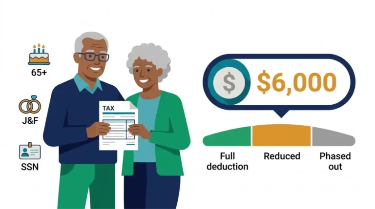 Senior couple with a $6,000 tax deduction badge and an income phase-out chart illustrating the enhanced deduction for seniors.