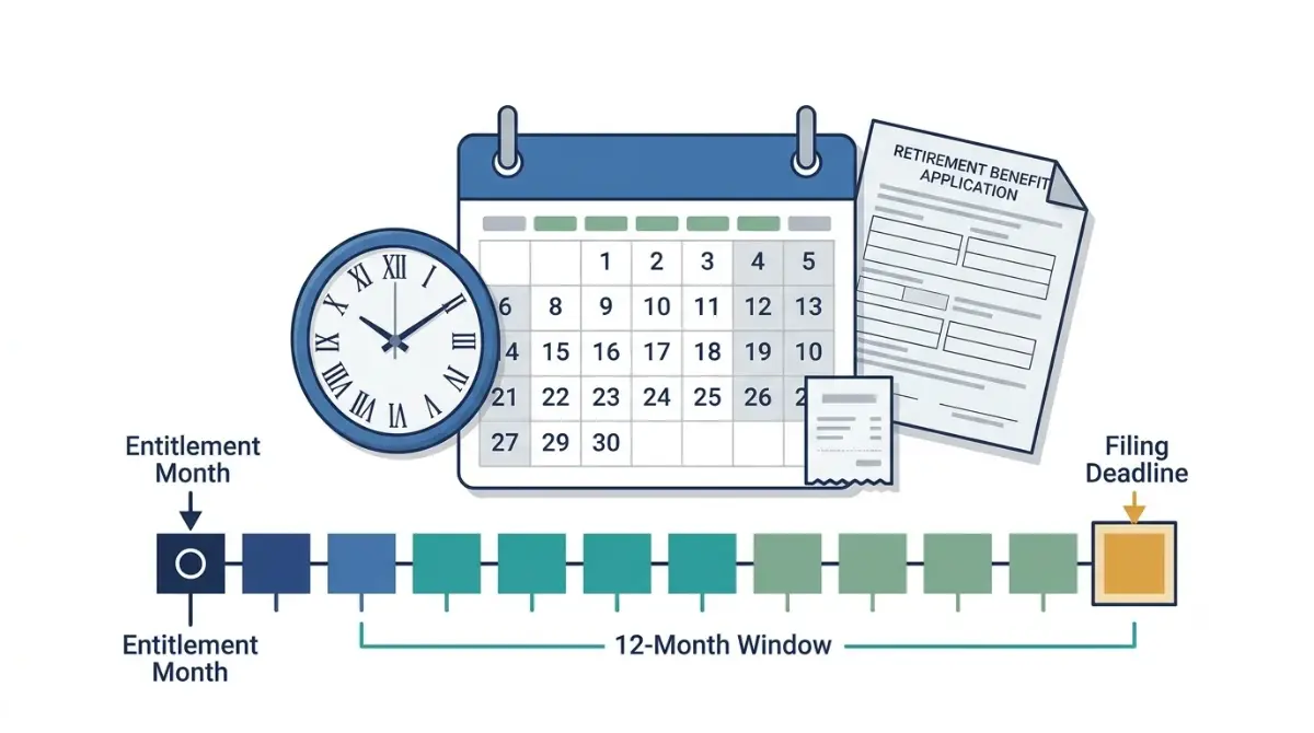Social Security 12-month withdrawal deadline illustrated with a calendar, clock, and retirement application document