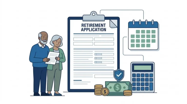Social Security retirement application withdrawal with a calendar, calculator, financial documents, and repayment planning symbols
