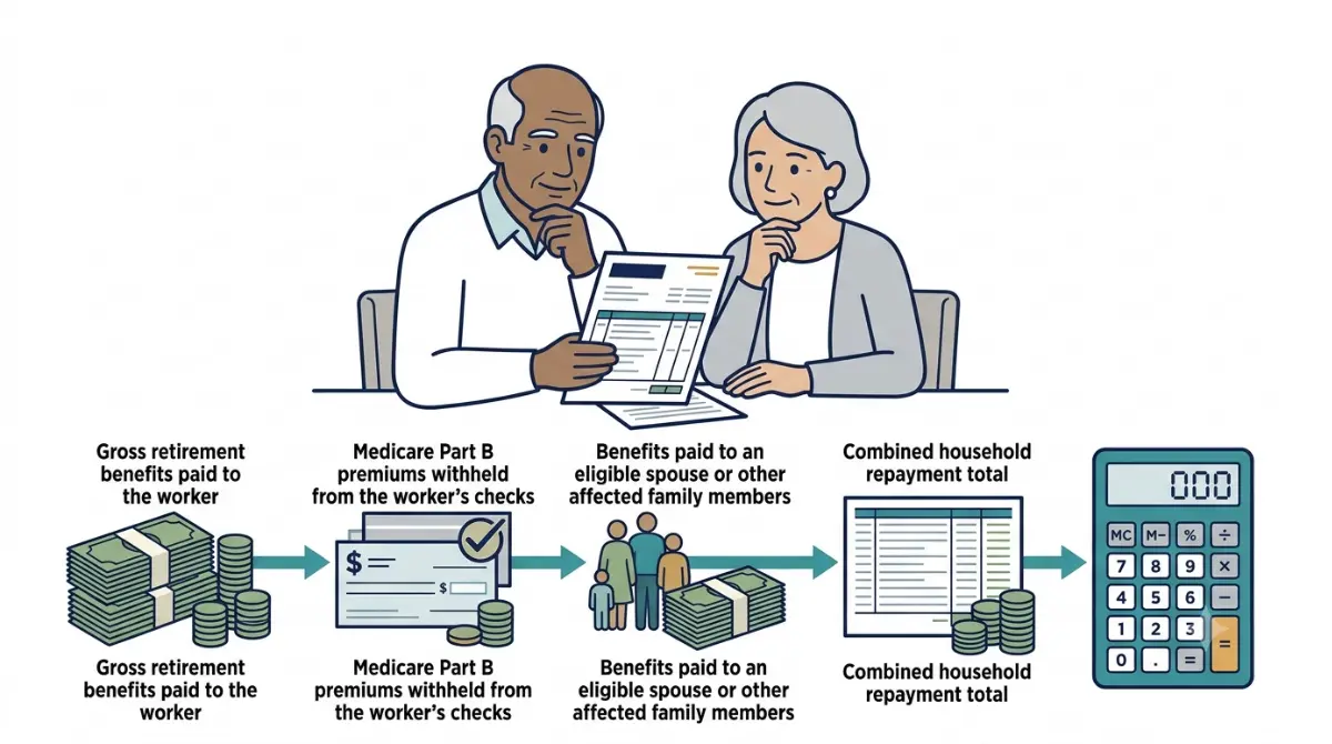 Social Security benefit repayment calculation showing a household ledger, calculator, withheld Medicare premiums, and spouse benefits