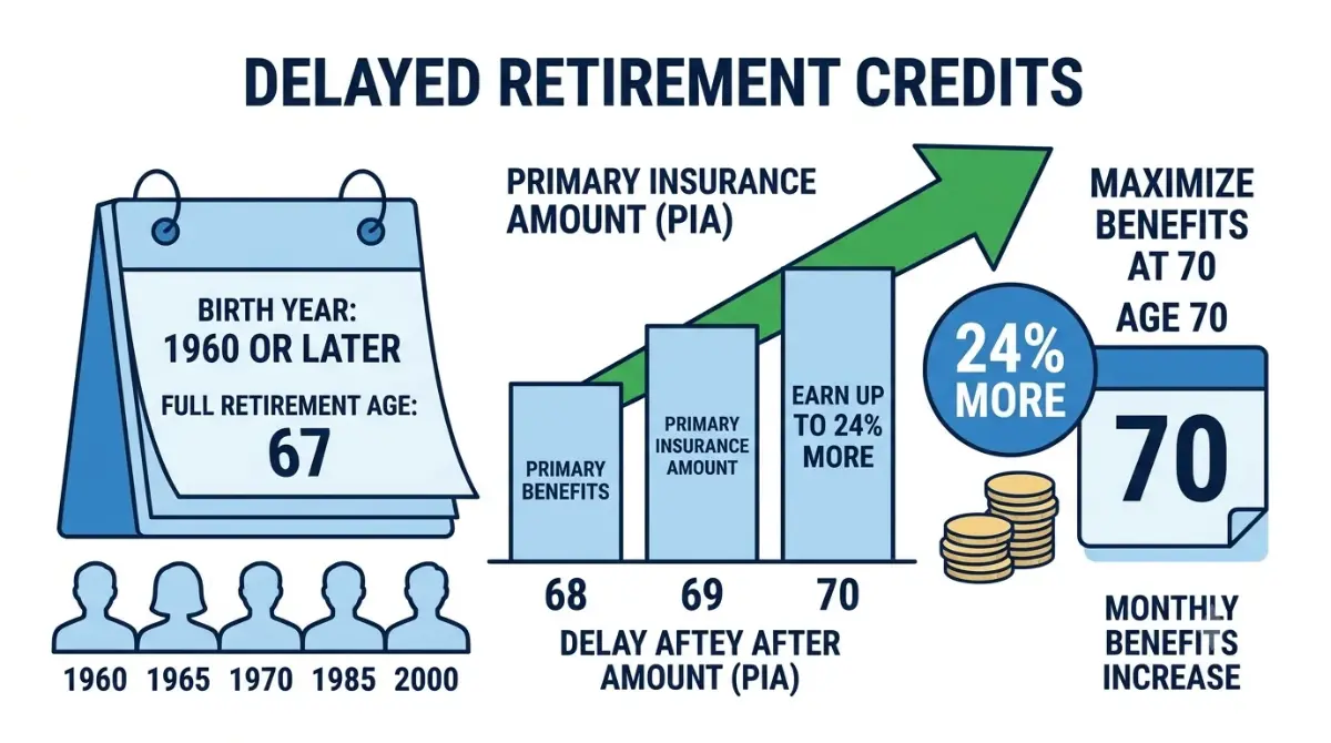 Social Security delayed retirement credits showing a 24% increase at age 70 for people born in 1960 or later