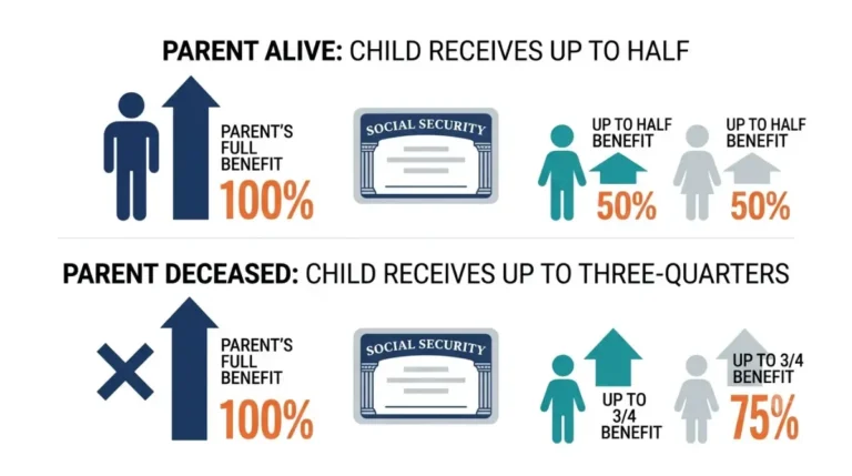Social Security child benefits vector illustration showing up to 50% of a parent’s benefit while alive and up to 75% after death