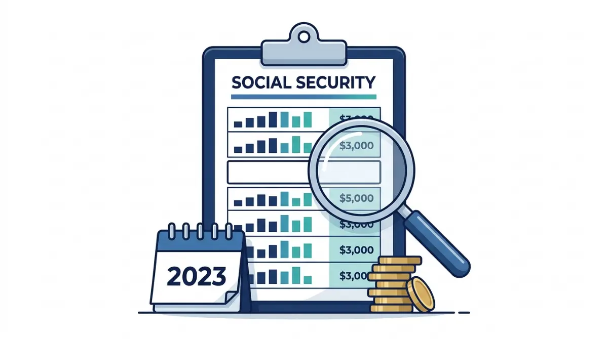 Social Security earnings record showing a missing wage year under a magnifying glass
